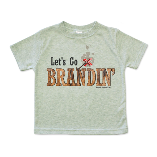 A stylish western-themed heather sage green colored infant t-shirt featuring the phrase 'Let's Go Brandin'' prominently printed in bold, weathered letters across the chest. Above the shirt is is an illustration of a branding iron, evoking a rustic cowboy aesthetic. Kids Western wear, Ranch wear and Rodeo wear.
