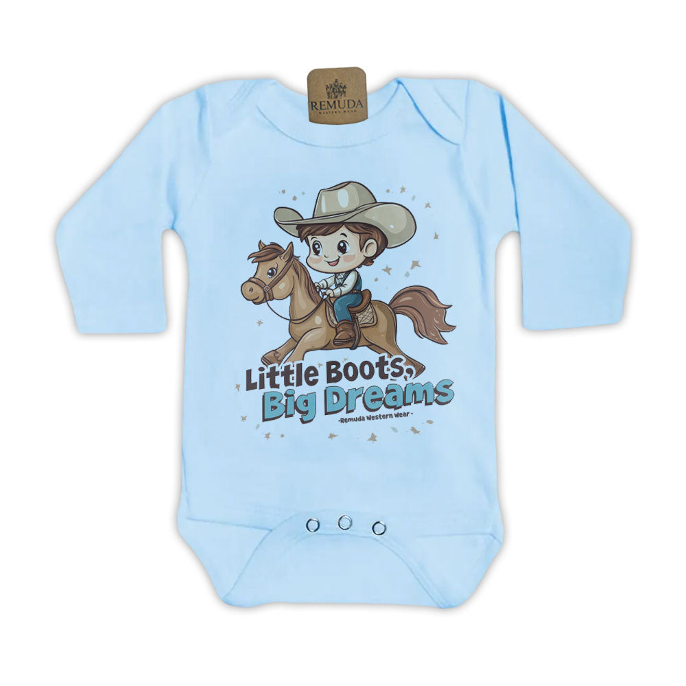 Little Boots, Big Dreams Infant Boys One Piece Long Sleeve Romper Light Blue