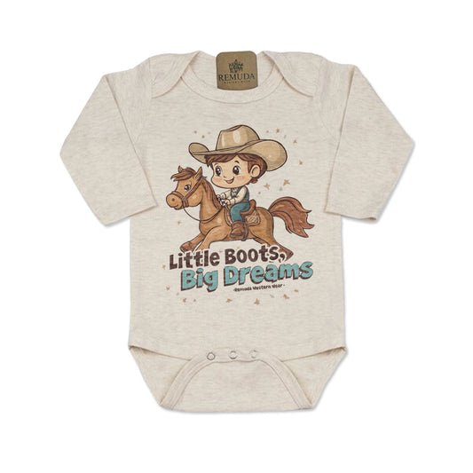 Little Boots, Big Dreams Infant Boys One Piece Long Sleeve Romper Oatmeal