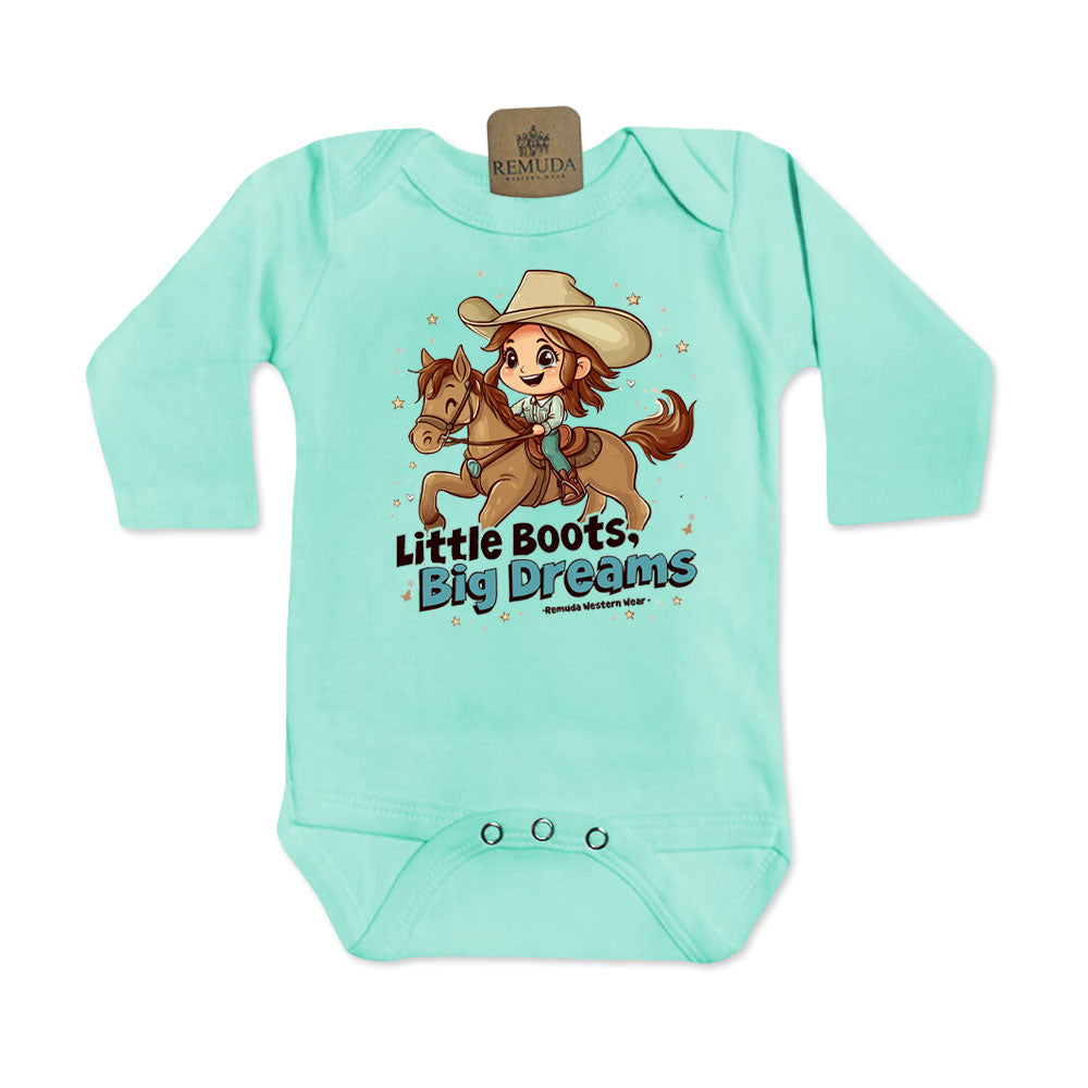 Little Boots, Big Dreams - Infant Girls Long Sleeve One Piece Romper Turquoise