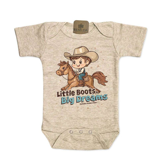 Little Boots, Big Dreams Infant Boys One Piece Short Sleeve Romper Oatmeal
