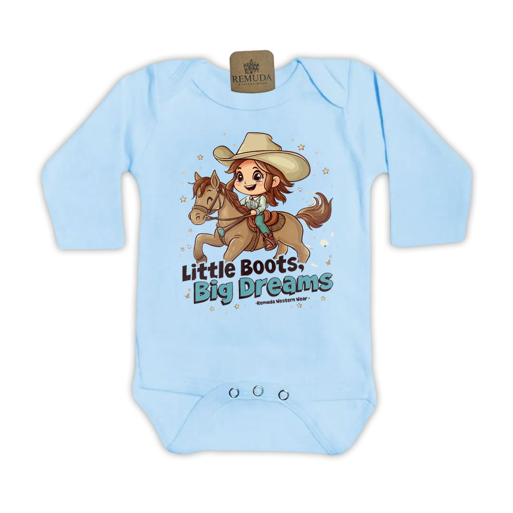 Little Boots, Big Dreams - Infant Girls Long Sleeve One Piece Romper Light Blue