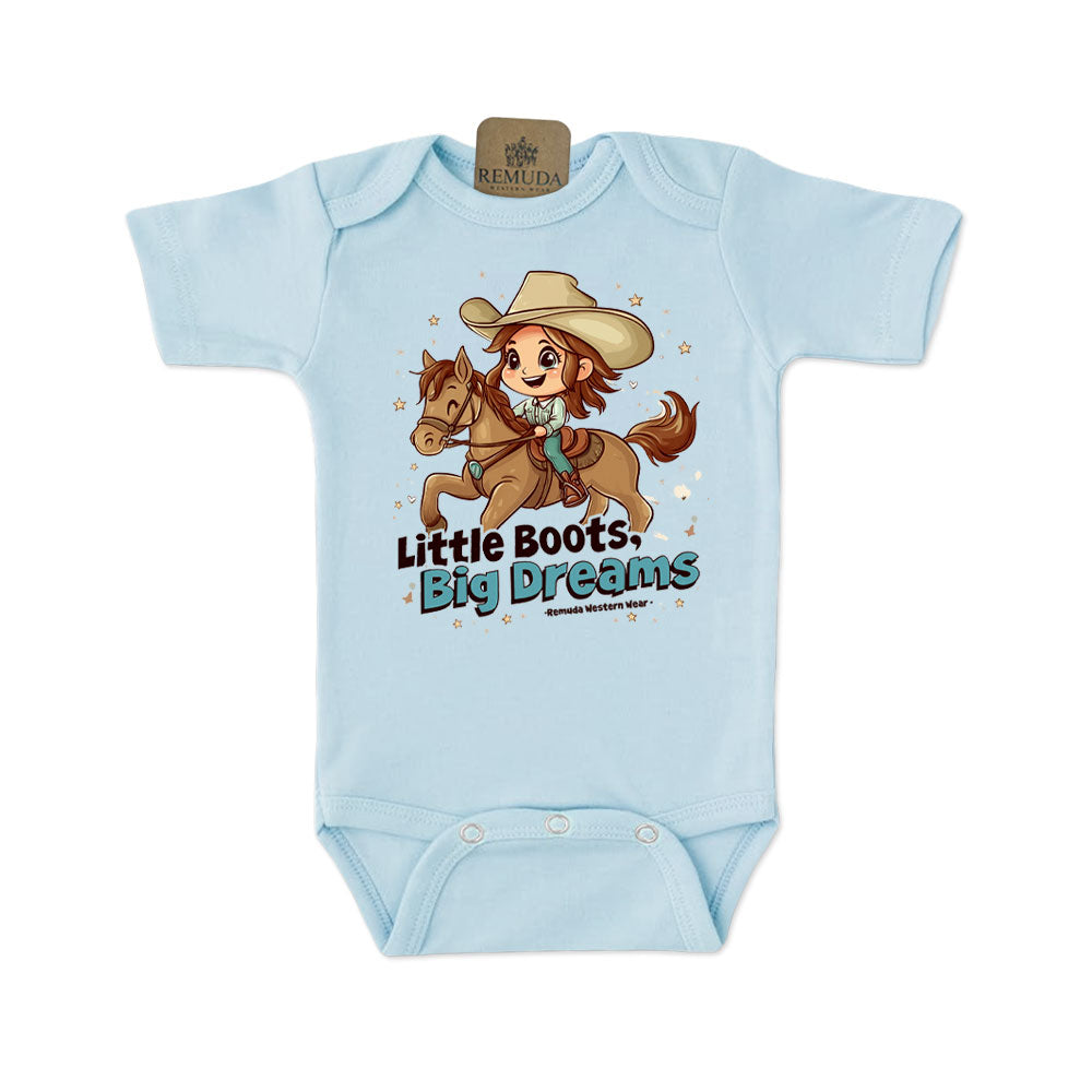 Little Boots, Big Dreams - Infant Girls Short Sleeve One Piece Romper Light Blue