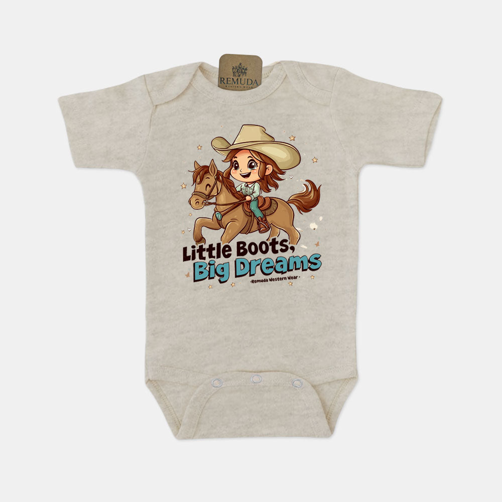 Little Boots, Big Dreams - Infant Girls Short Sleeve One Piece Romper Oatmeal