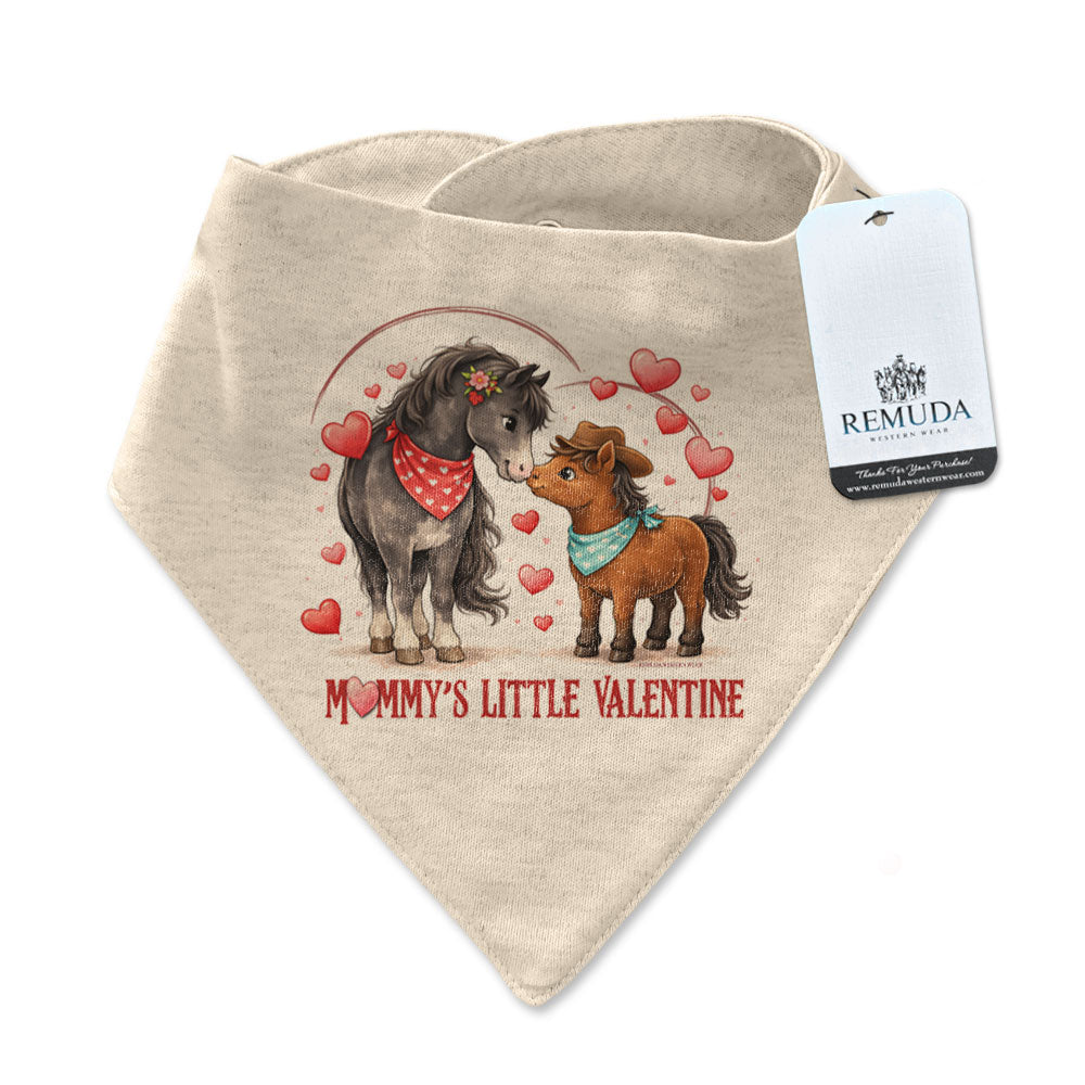 Mommy’s Little Valentine Cowboy oatmeal infant western bandana bib with mare and foal horse design