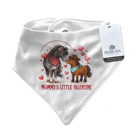 Mommy’s Little Valentine Cowboy white infant western bandana bib with mare and foal horse design