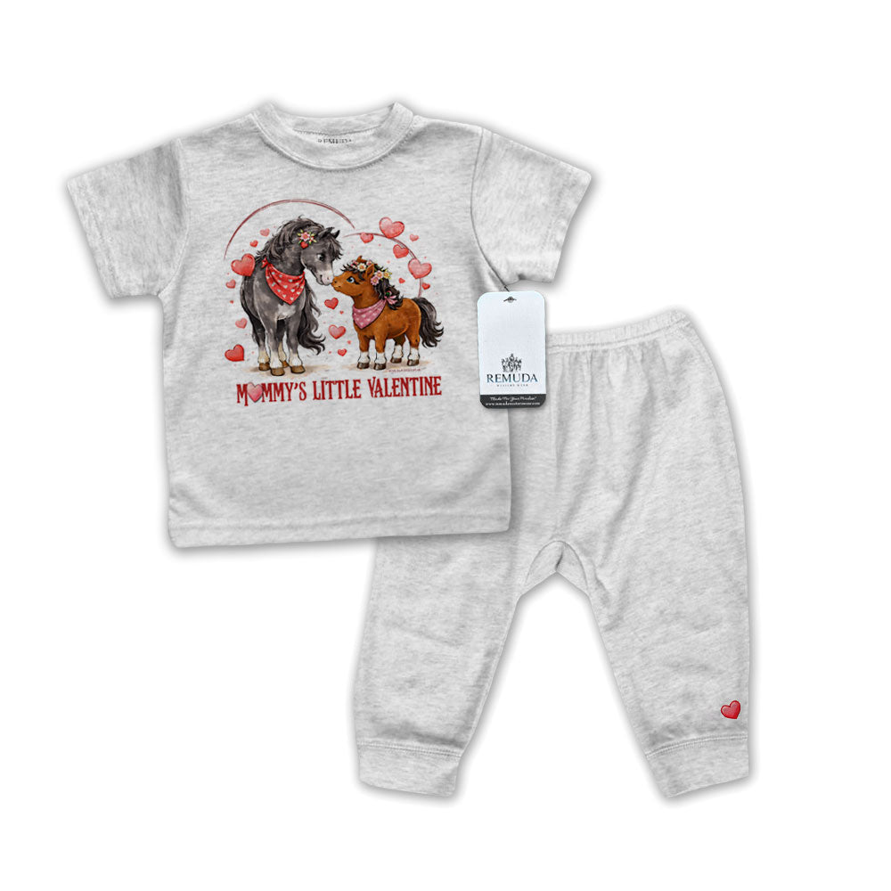 Mommy’s Little Valentine Cowgirl gray infant western girls 2 piece pajamas with mare and foal horse design