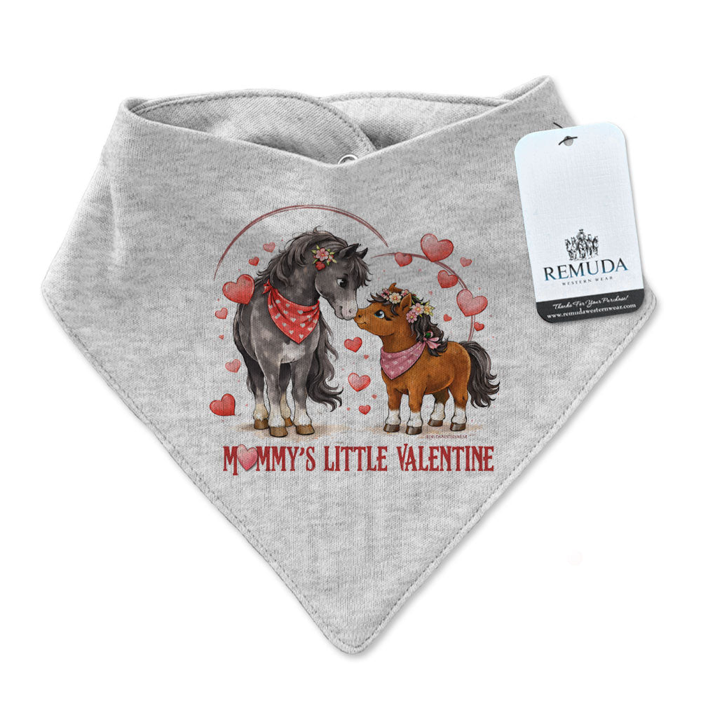 Mommy’s Little Valentine Cowgirl gray infant western bandana bib with mare and foal horse design