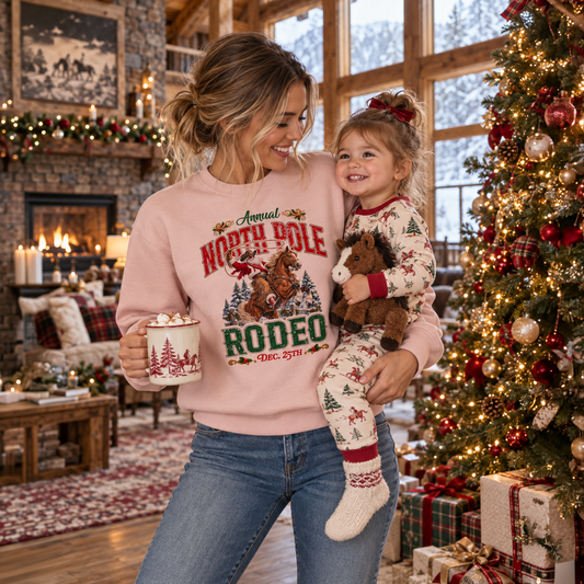 A smiling mother wearing a blush pink North Pole Rodeo Western Christmas fleece sweatshirt holds her toddler dressed in festive pajamas and clutching a plush horse. They stand beside a beautifully decorated Christmas tree in a cozy log home with a stone fireplace, wrapped gifts, warm holiday lights, and large windows overlooking a snowy winter landscape.