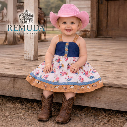 Girls western "Petals & Ponies" floral dress with a navy bodice with yellow buttons, soft wildflower skirt, running horse hem, and crossed back straps.