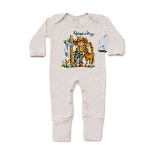 Pony Pals Raised On Glory Easter Infant Western Boys One-Piece Footed Pajamas with Mittens in the color heather oatmeal