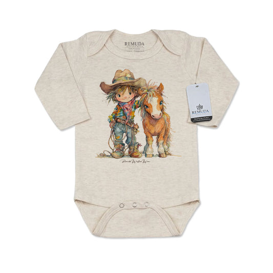 Pony Pals Cowboy Infant One Piece Long Sleeve Western Romper Oatmeal