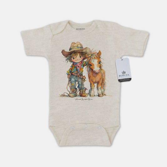 Pony Pals Cowboy Infant One Piece Short Sleeve Western Romper Oatmeal