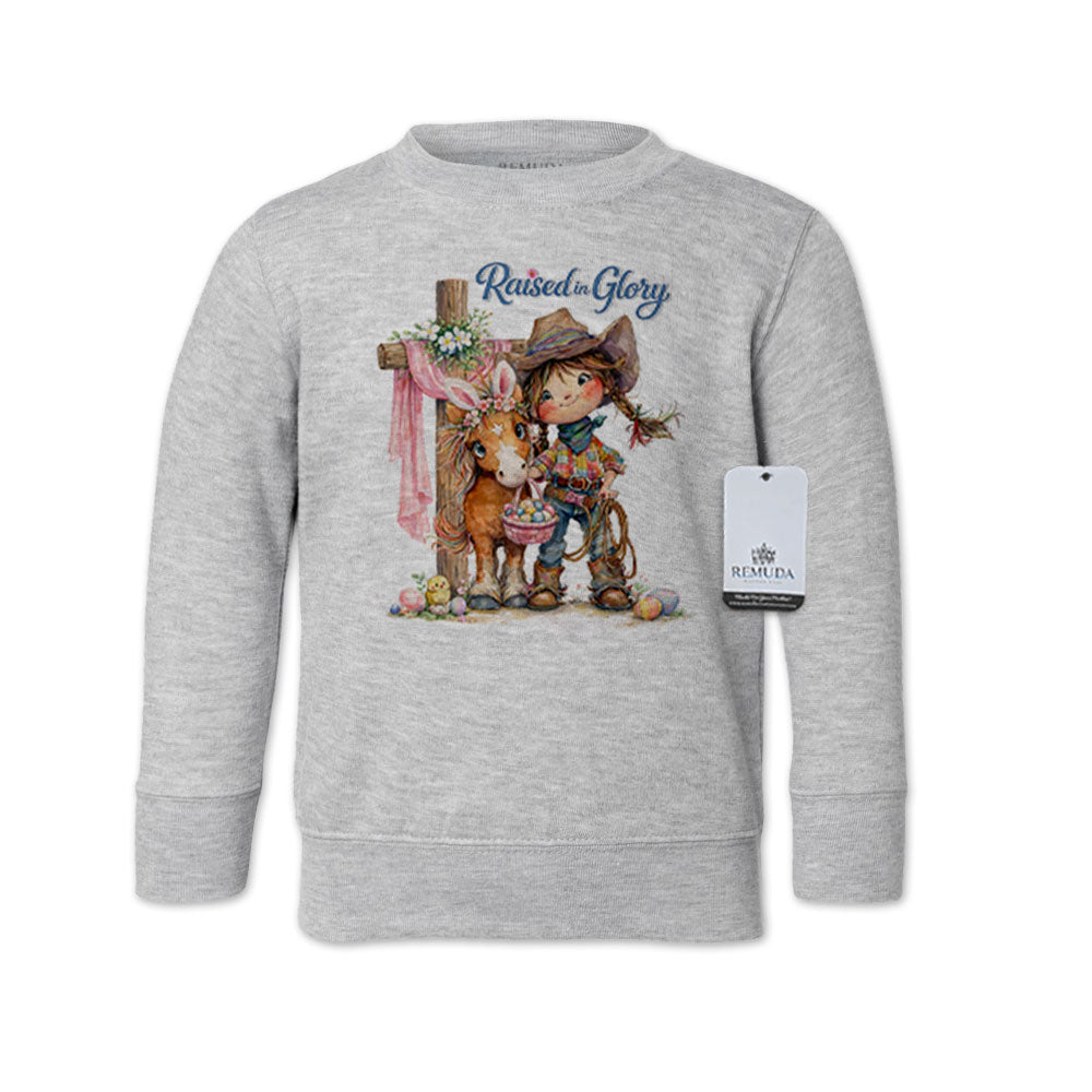Pony Pals Raised On Glory Girls Easter Western Toddler Sweatshirt in the color heather gray