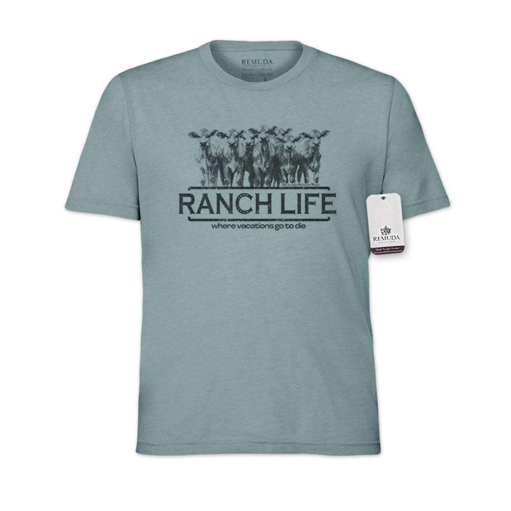 Ranch Life: Where Vacations Go To Die Adult Unisex Western Tee T-Shirt Heather Blue Lagoon