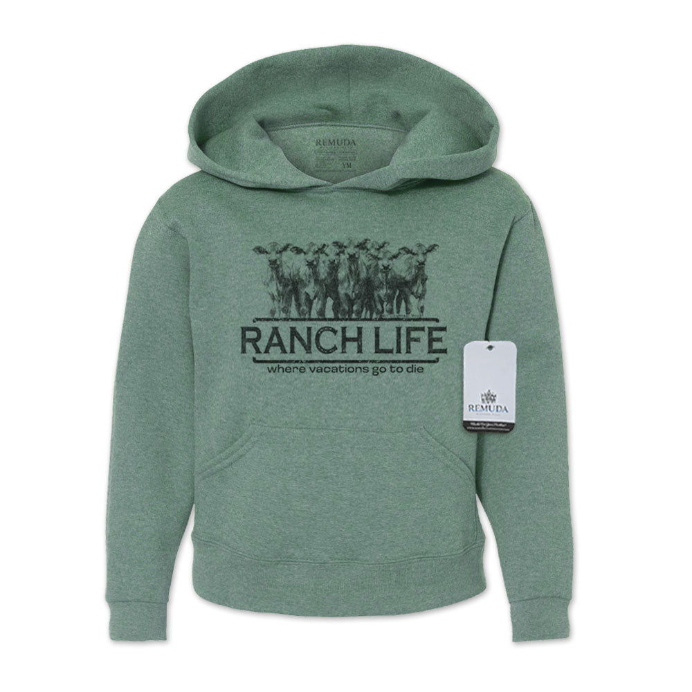 Ranch Life Where Vacations Go To Die Youth Western Pullover Hoodie Vintage Heather Green