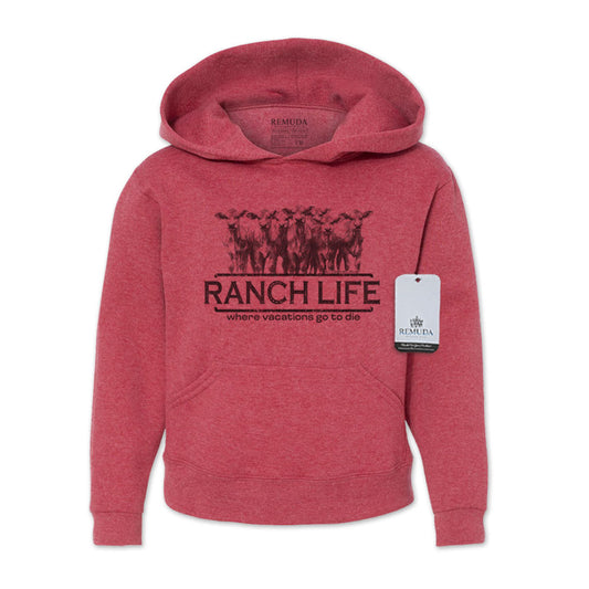 Ranch Life Where Vacations Go To Die Youth Western Pullover Hoodie Vintage Heather Red