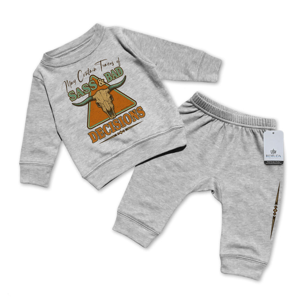 May Contain Traces of Sass & Bad Decisions Infant Western 2 Piece Sweatsuit Gray