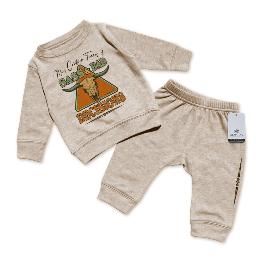 May Contain Traces of Sass & Bad Decisions Infant Western 2 Piece Sweatsuit Oatmeal