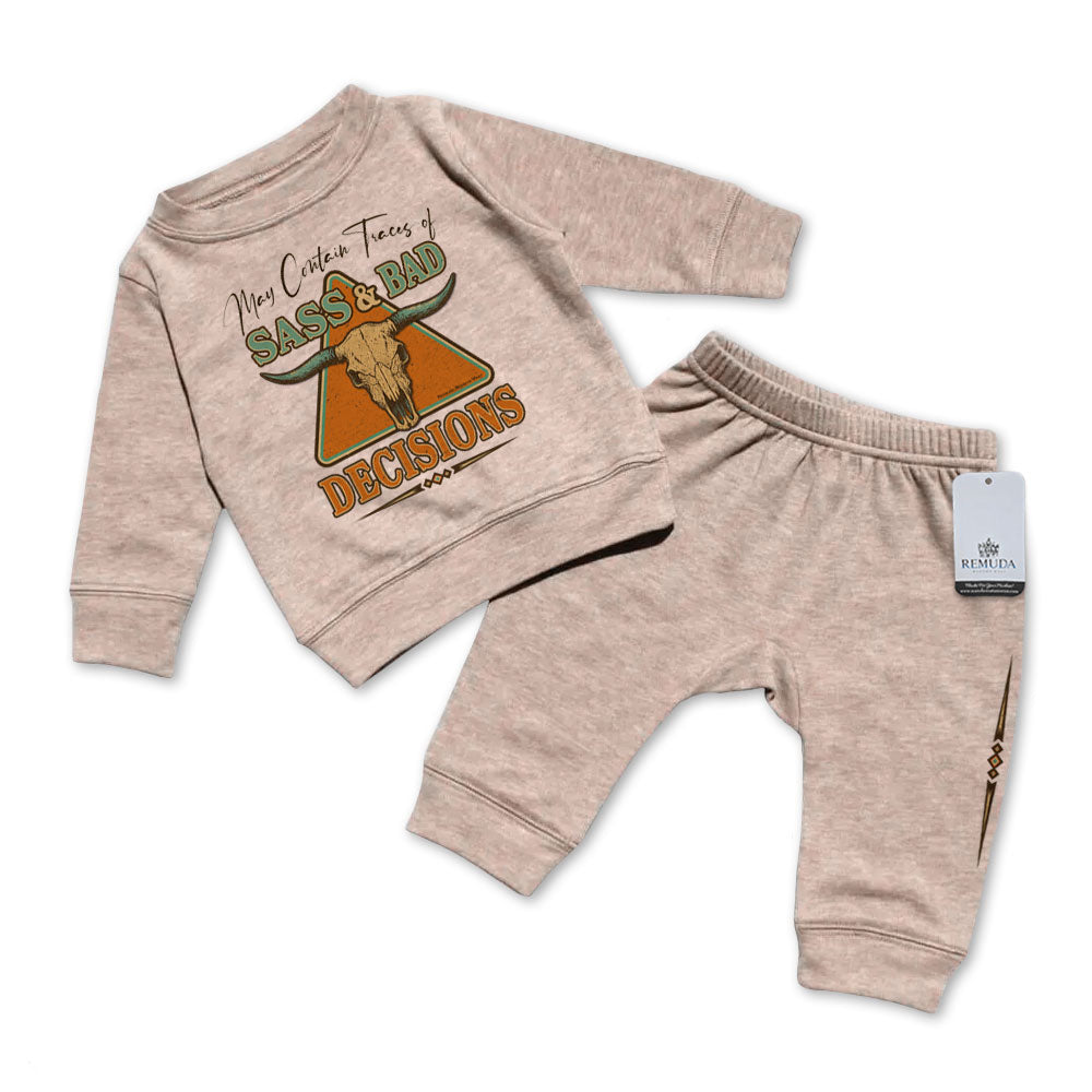 May Contain Traces of Sass & Bad Decisions Infant Western 2 Piece Sweatsuit Sandstone