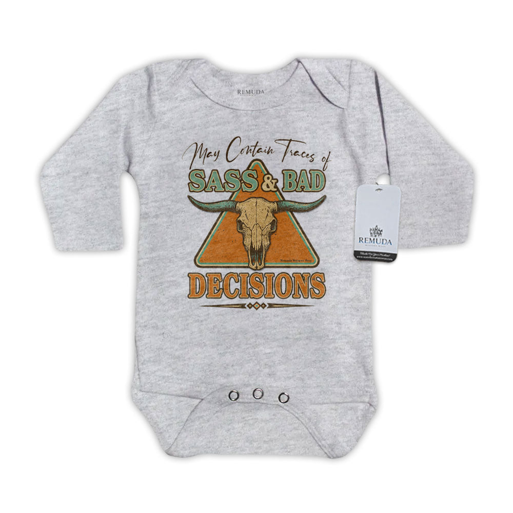 Sass & Bad Decisions Infant Kids Long Sleeve One Piece Western Romper Onesie Gray