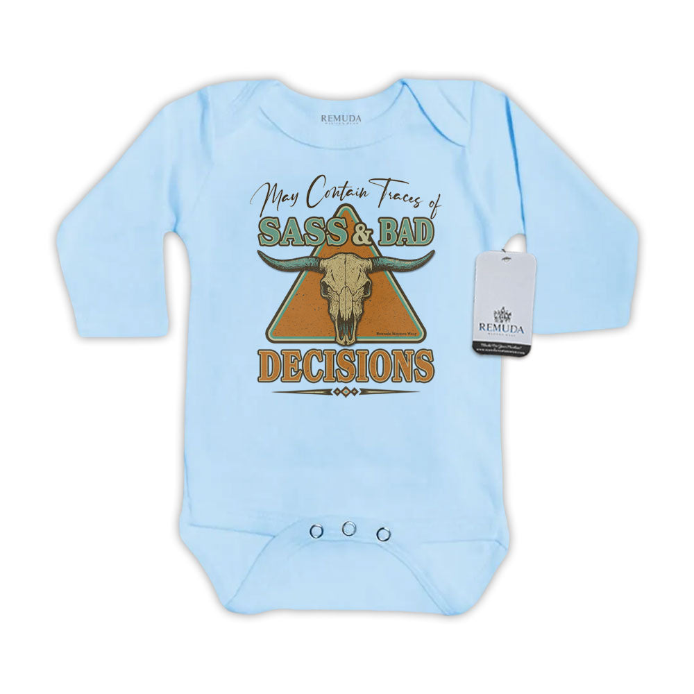 Sass & Bad Decisions Infant Kids Long Sleeve One Piece Western Romper Onesie Light Blue