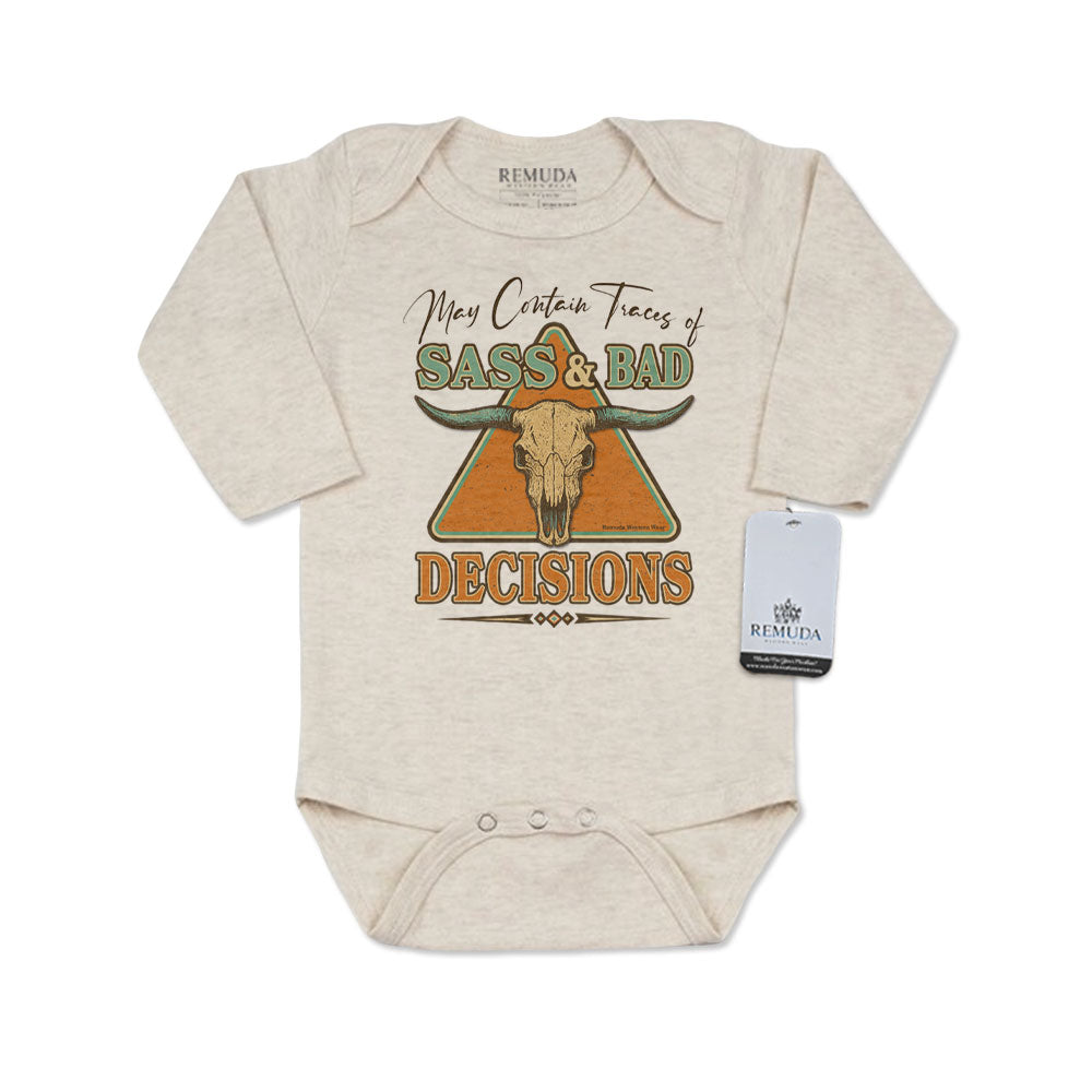 Sass & Bad Decisions Infant Kids Long Sleeve One Piece Western Romper Onesie Oatmeal