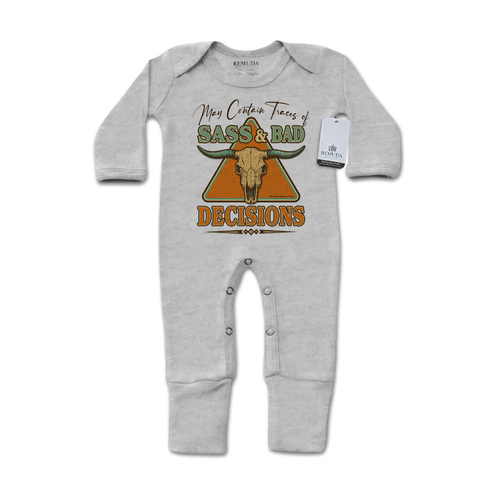 May Contain Traces of Sass & Bad Decisions Infant Western One-Piece Footed Pajamas W/Mittens Gray