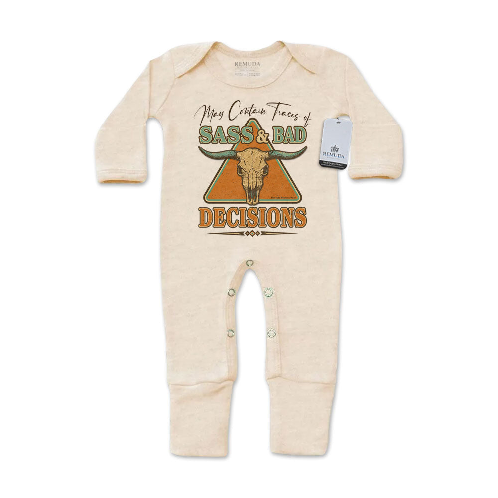 May Contain Traces of Sass & Bad Decisions Infant Western One-Piece Footed Pajamas W/Mittens Oatmeal