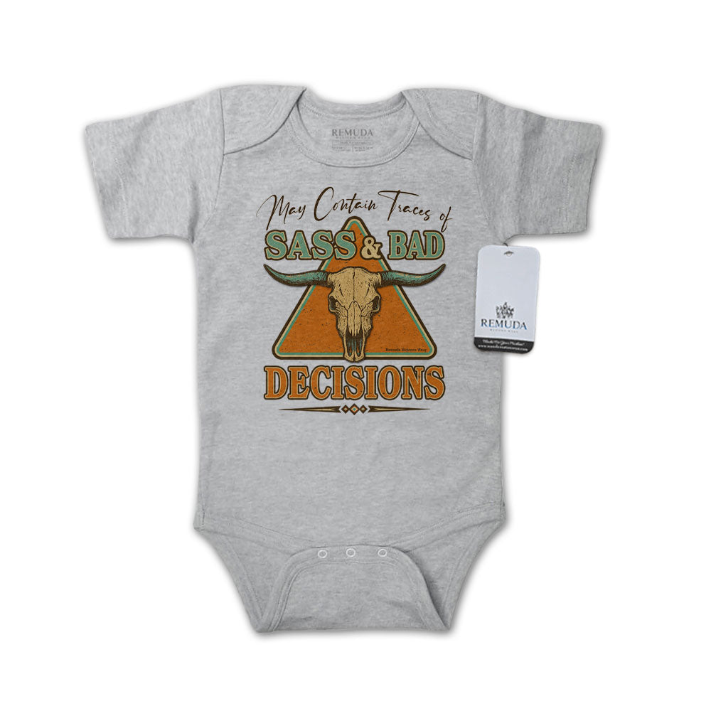 Sass & Bad Decisions Infant Kids Short Sleeve One Piece Western Romper Onesie Gray