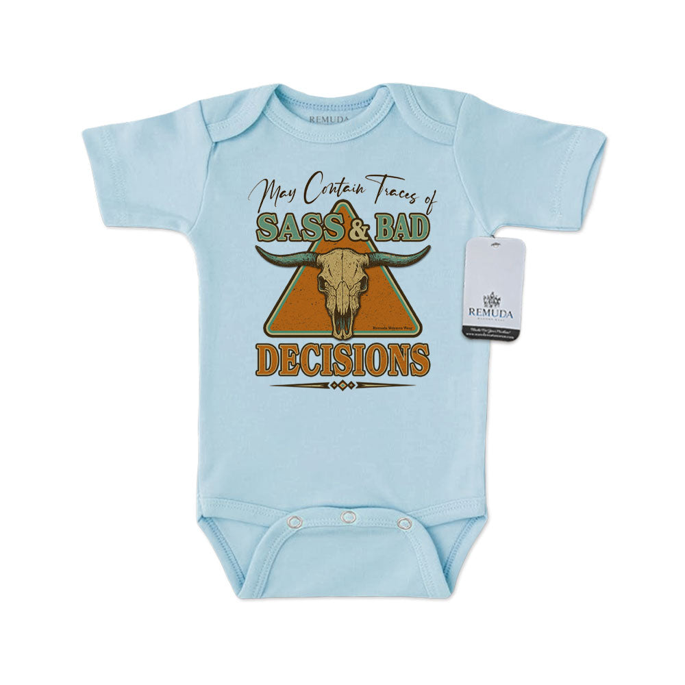 Sass & Bad Decisions Infant Kids Short Sleeve One Piece Western Romper Onesie Light Blue