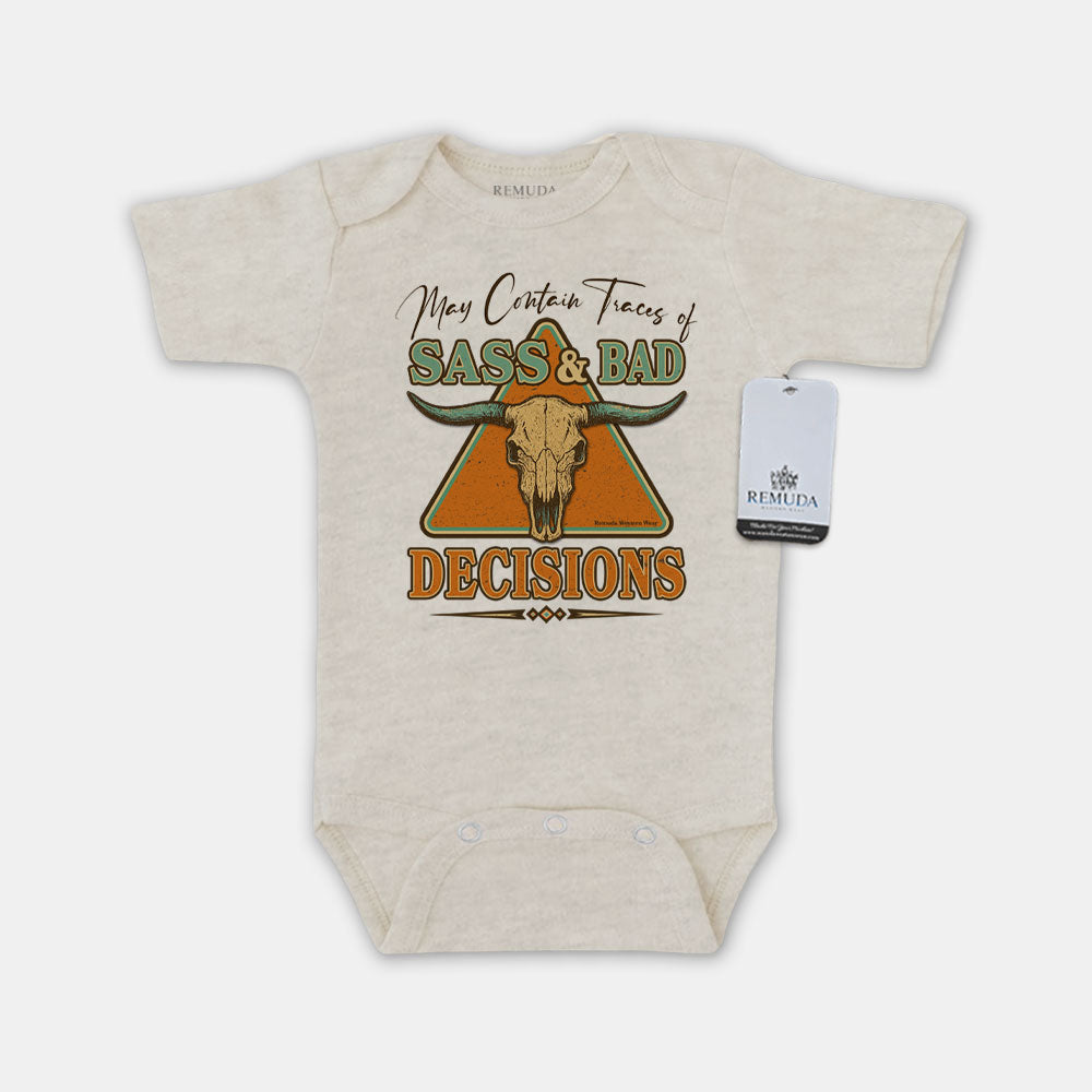 Sass & Bad Decisions Infant Kids Short Sleeve One Piece Western Romper Onesie Oatmeal