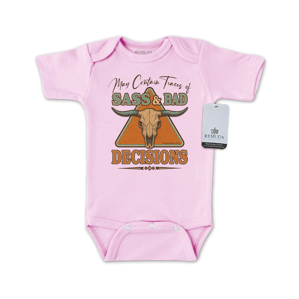 Sass & Bad Decisions Infant Kids Short Sleeve One Piece Western Romper Onesie Pink