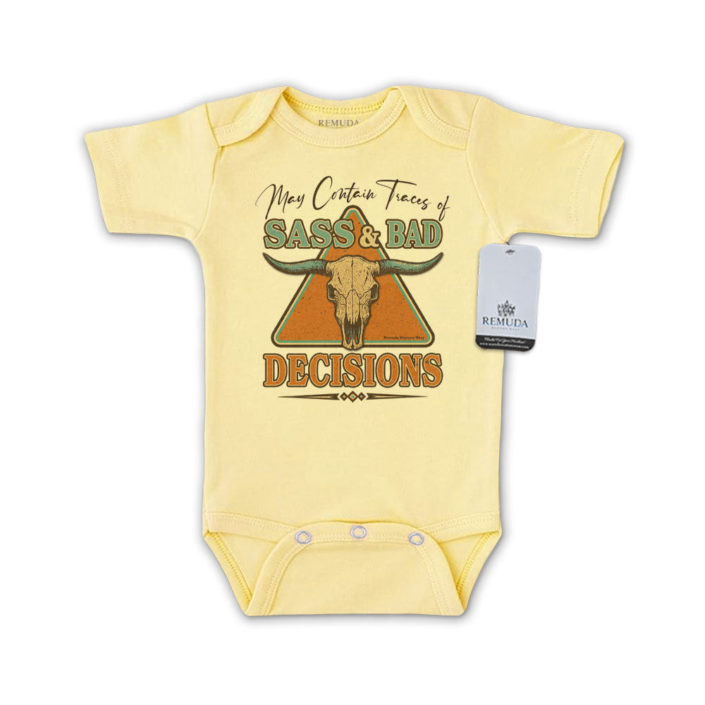 Sass & Bad Decisions Infant Kids Short Sleeve One Piece Western Romper Onesie Yellow