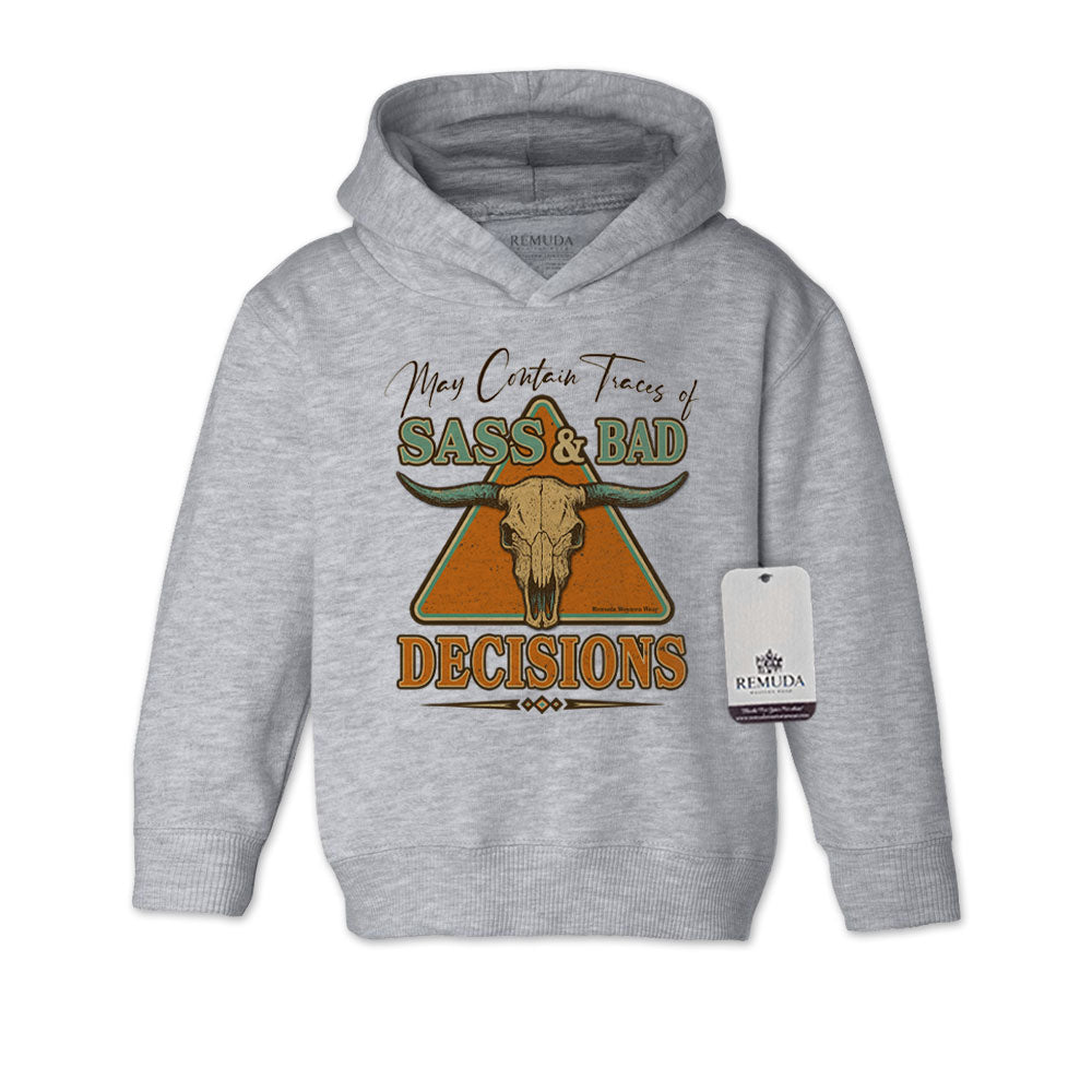 May Contain Traces of Sass & Bad Decisions Toddler Western Pullover Hoodie Gray