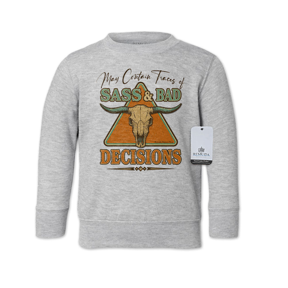 May Contain Traces of Sass & Bad Decisions Western Toddler Sweatshirt Gray