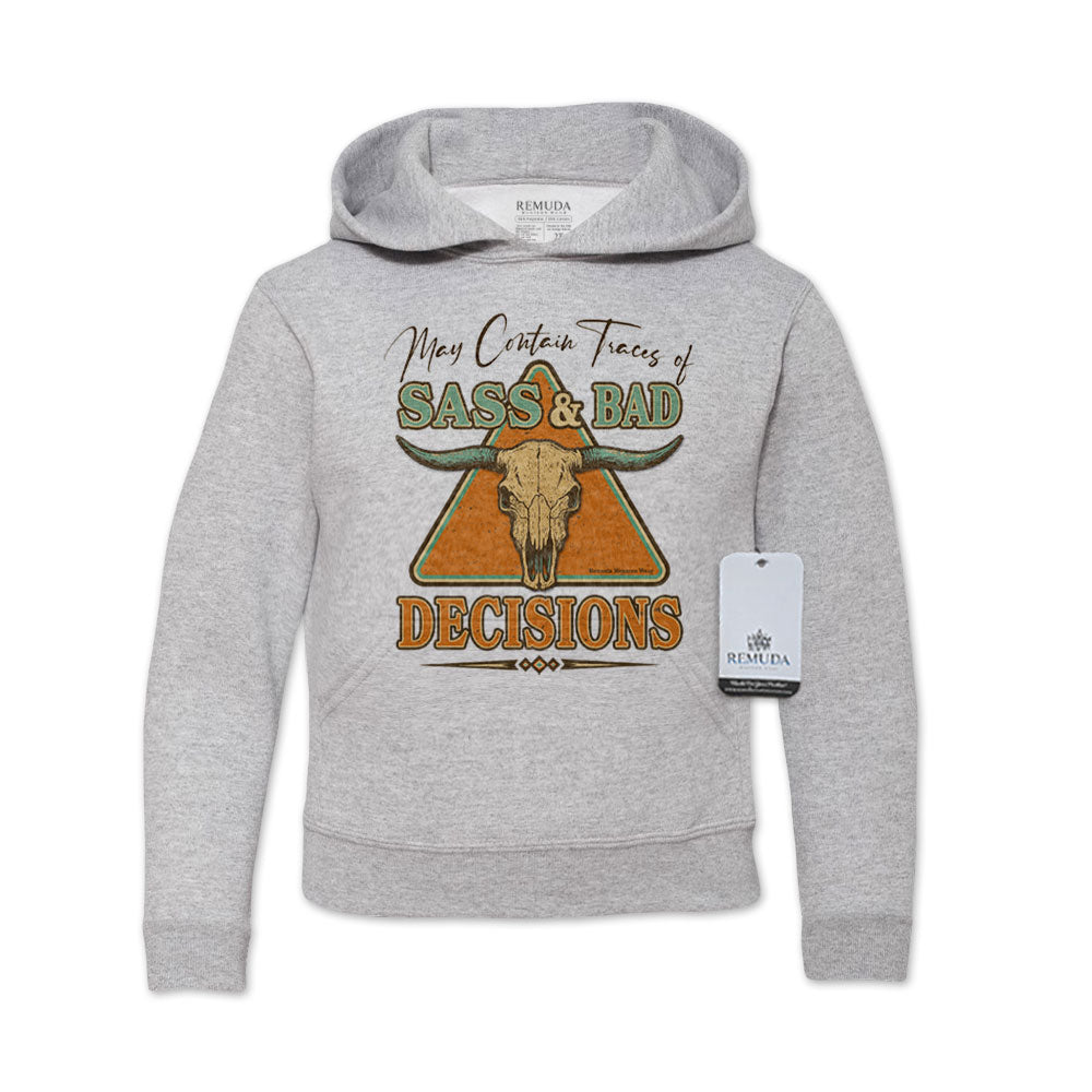 May Contain Traces of Sass & Bad Decisions Youth Western Pullover Hoodie Gray