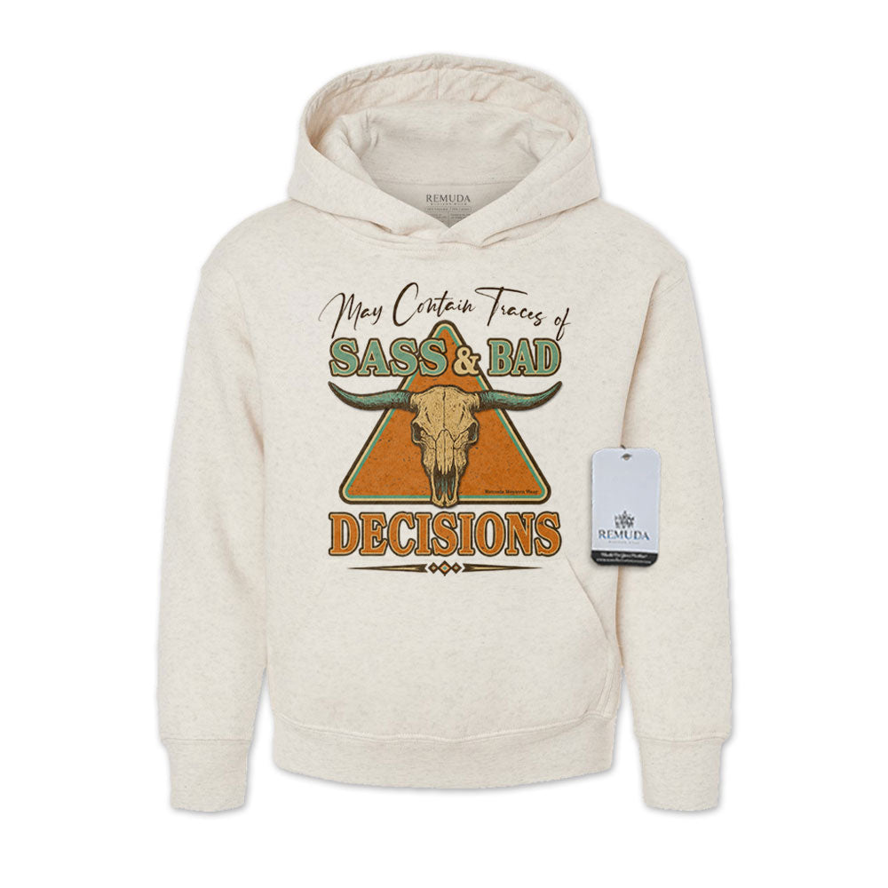 May Contain Traces of Sass & Bad Decisions Youth Western Pullover Hoodie Oatmeal