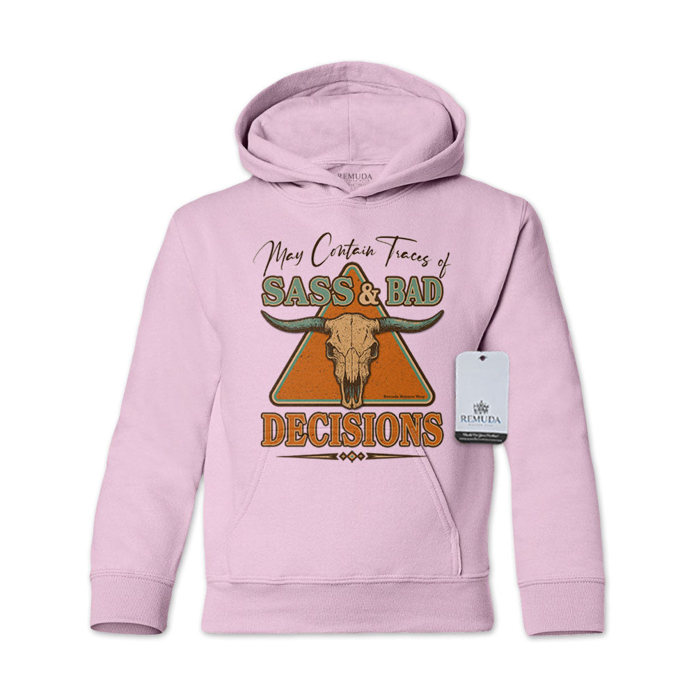 May Contain Traces of Sass & Bad Decisions Youth Western Pullover Hoodie Pink