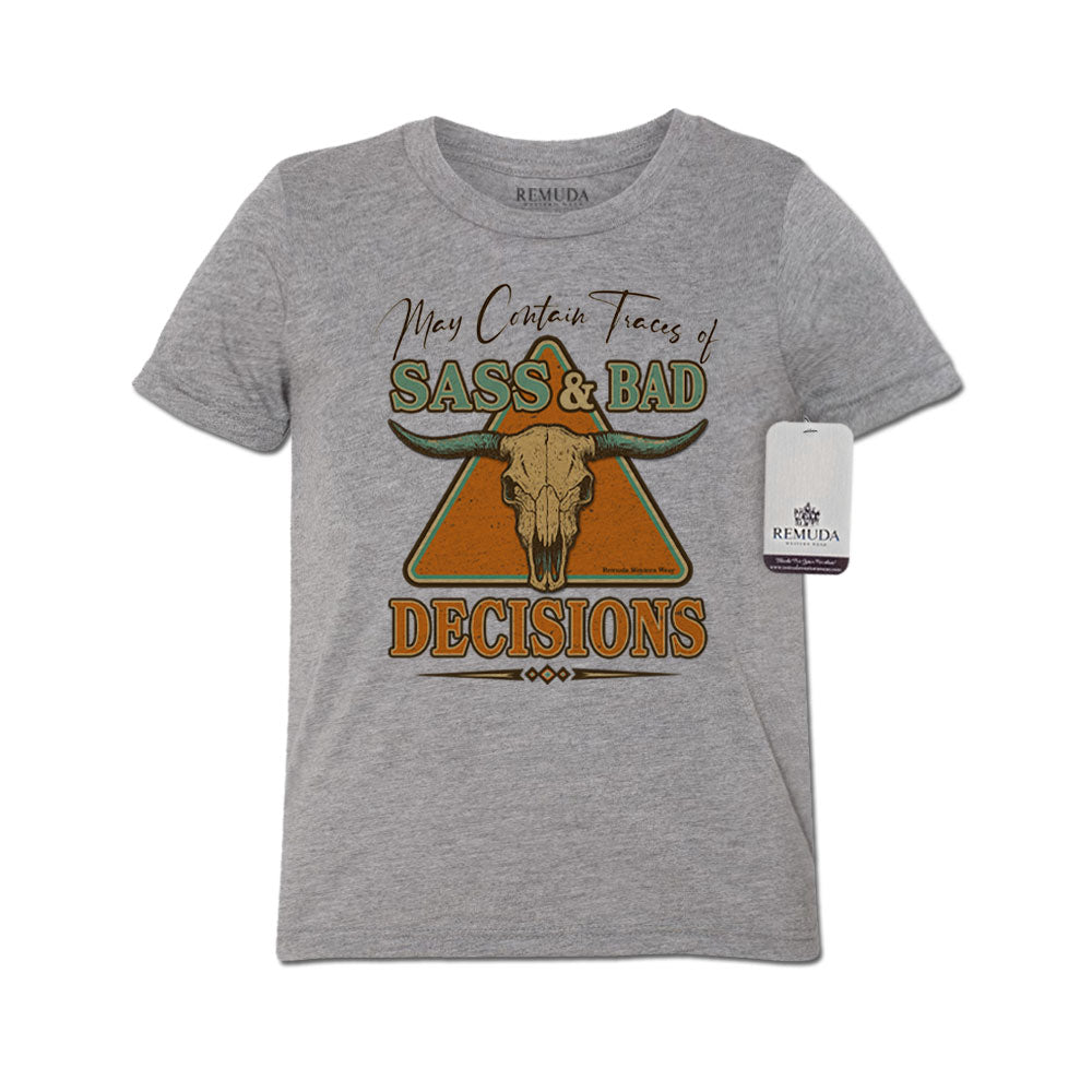 May Contain Traces of Sass & Bad Decisions Youth Western Tee T-Shirt Gray