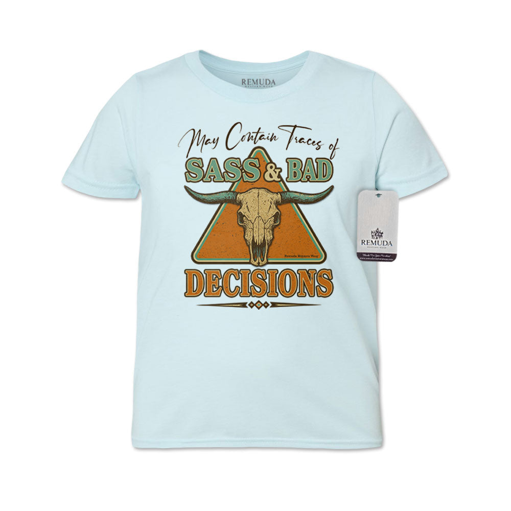 May Contain Traces of Sass & Bad Decisions Youth Western Tee T-Shirt Ice Blue