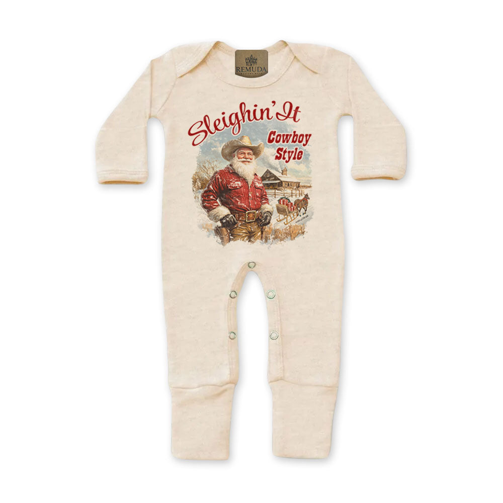 Sleighin It Cowboy Style Infant Western Santa Sleepwear Oatmeal