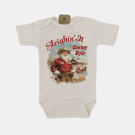Sleighin It Cowboy Style - Infant Western Santa One Piece Romper