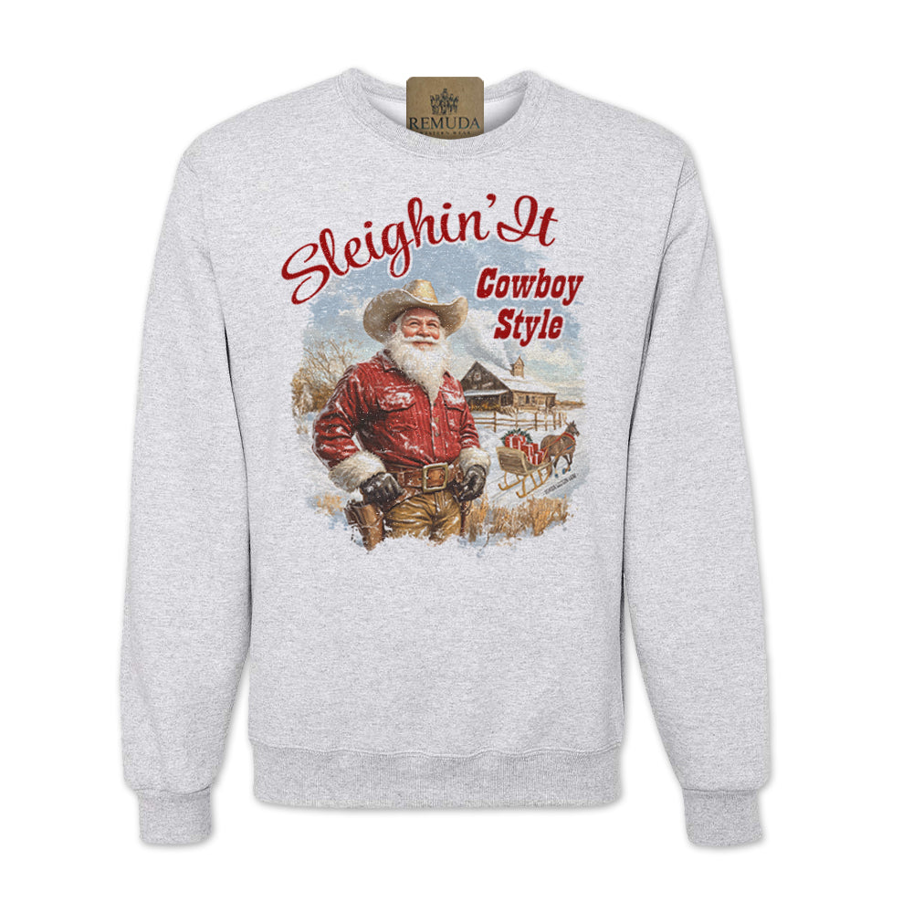 Sleighin It Cowboy Style Western Adult Unisex Western Santa Christmas Sweatshirt in ash grey color