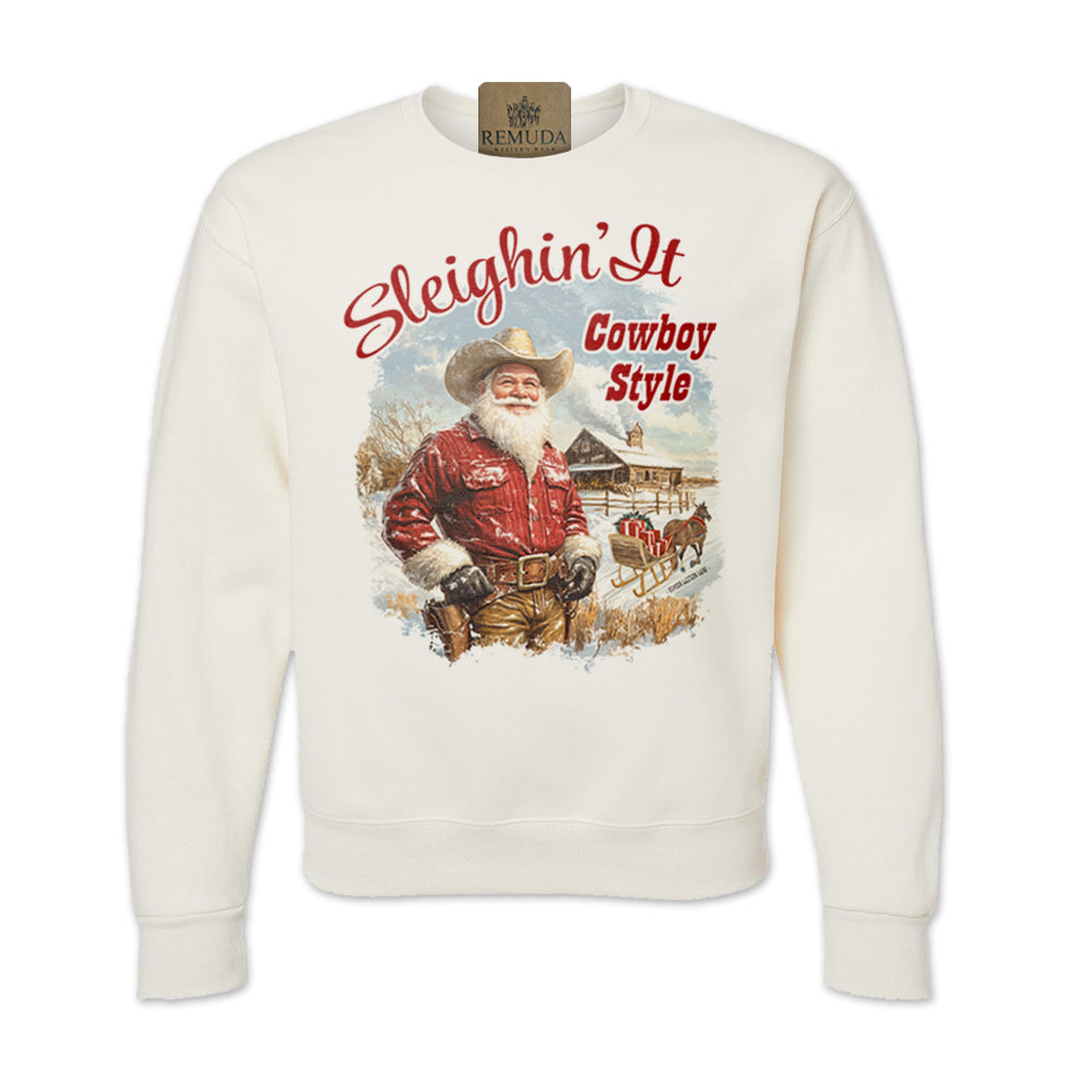 Sleighin It Cowboy Style Western Adult Unisex Western Santa Christmas Sweatshirt in sweet cream color