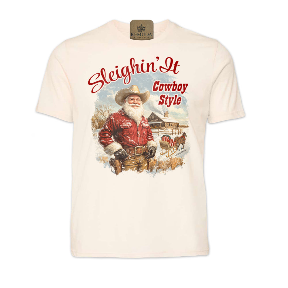 Sleighin It Cowboy Style - Adult Unisex Christmas Western Santa Tee T-Shirt in solid natural cream color