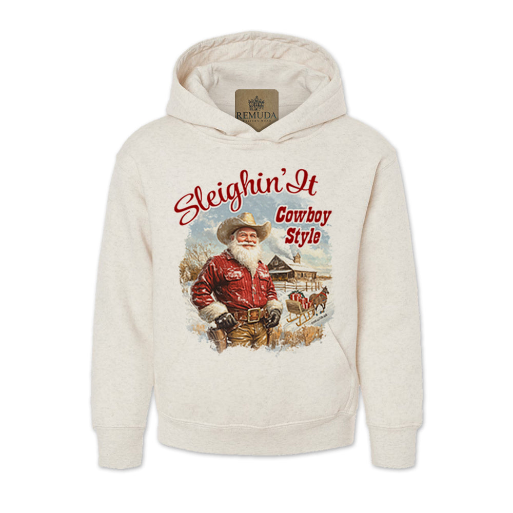 Sleighin It Cowboy Style Youth Western Santa Christmas Pullover Hoodie in Oatmeal Color
