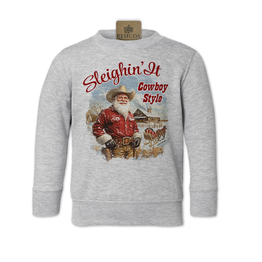 Sleighin It Cowboy Style Toddler Western Santa Sweatshirt in heather grey color