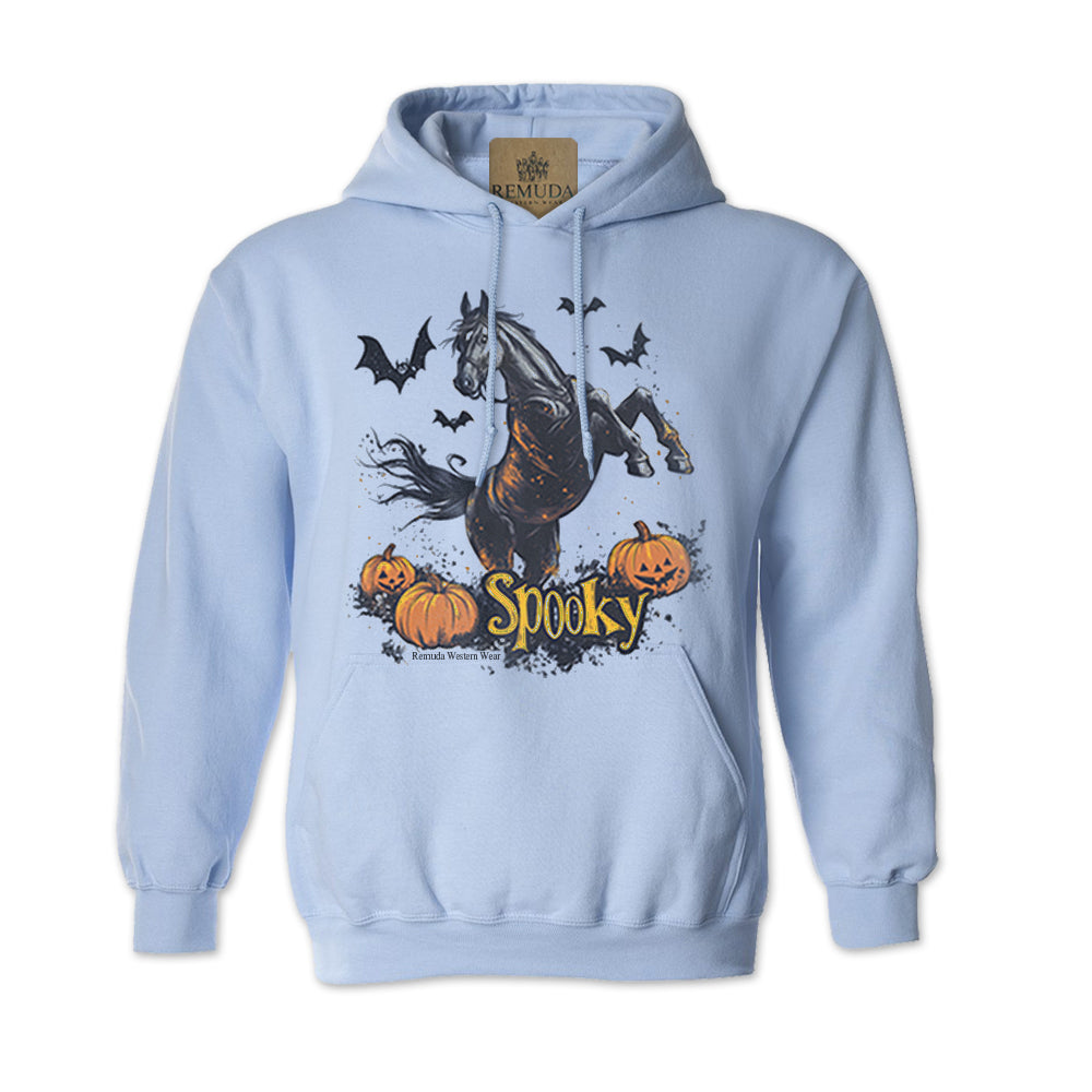 Spooky halloween horse adult hoodie in light blue