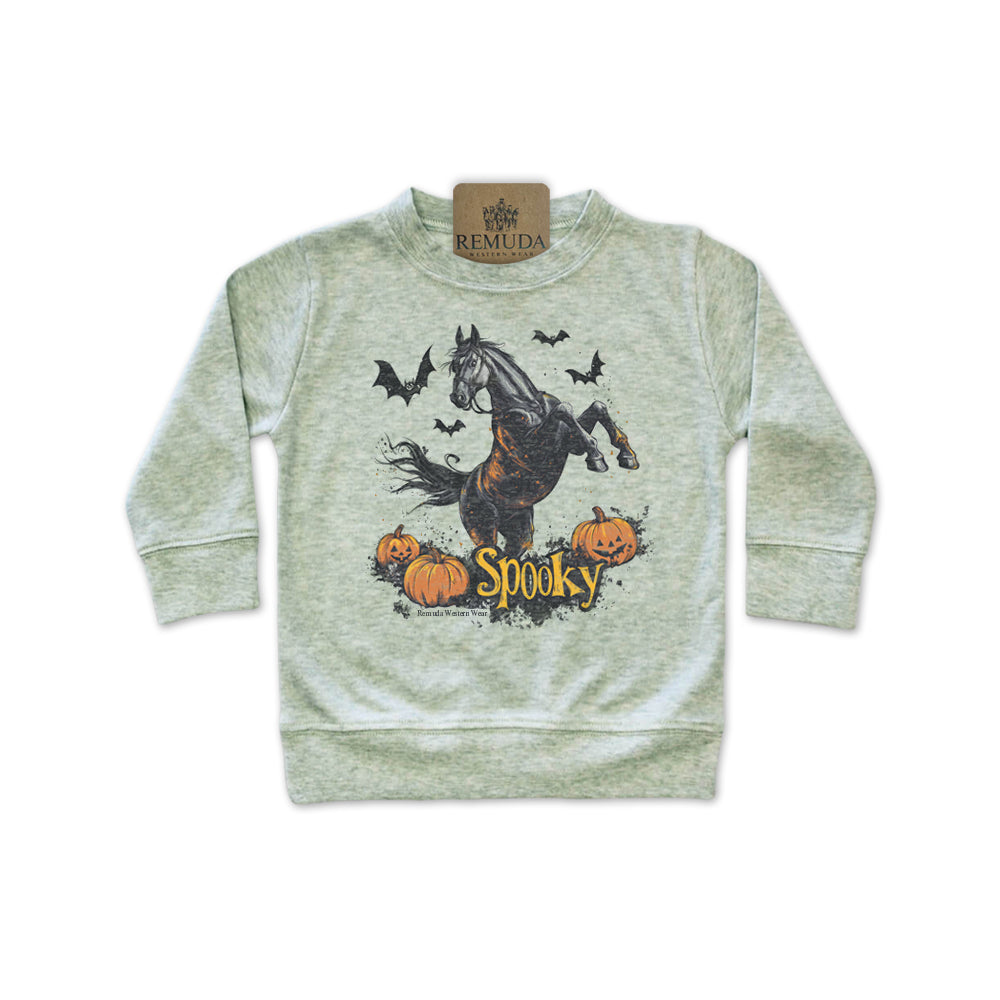 Spooky halloween horse infant pullover in sage heather green color